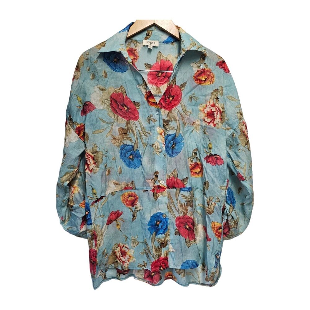 UMGEE Blouse Top Tunic Blue‎ Floral Button Up Shirt MEDIUM